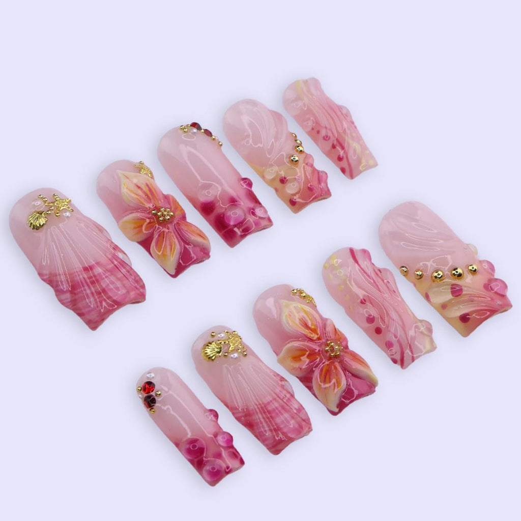 Spring Blush Seashell Press On Nails | Pink Floral & Starfish Design in Medium Square | Handmade 3D Nail Art Set