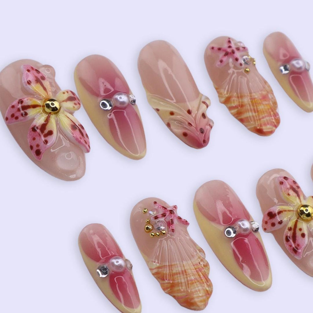 Spring Shoreline Press On Nails | Starfish & Seashell 3D Floral Design in Medium Almond | Pearl Accent Handmade Nail Art Set