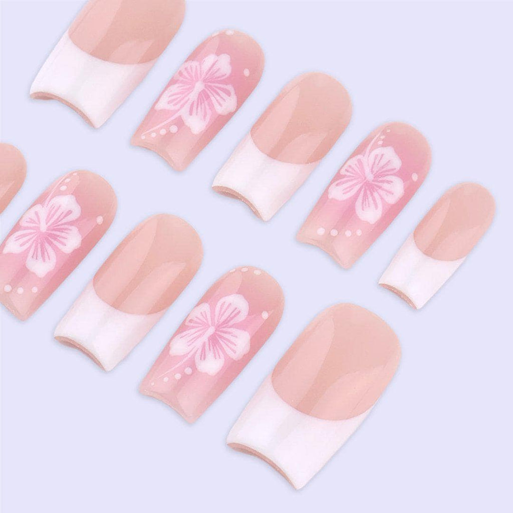 Spring Blush Floral French Press On Nails | Soft Pink Fake Nails in Medium Square | Handmade Nail Art for Everyday Wear or Gift