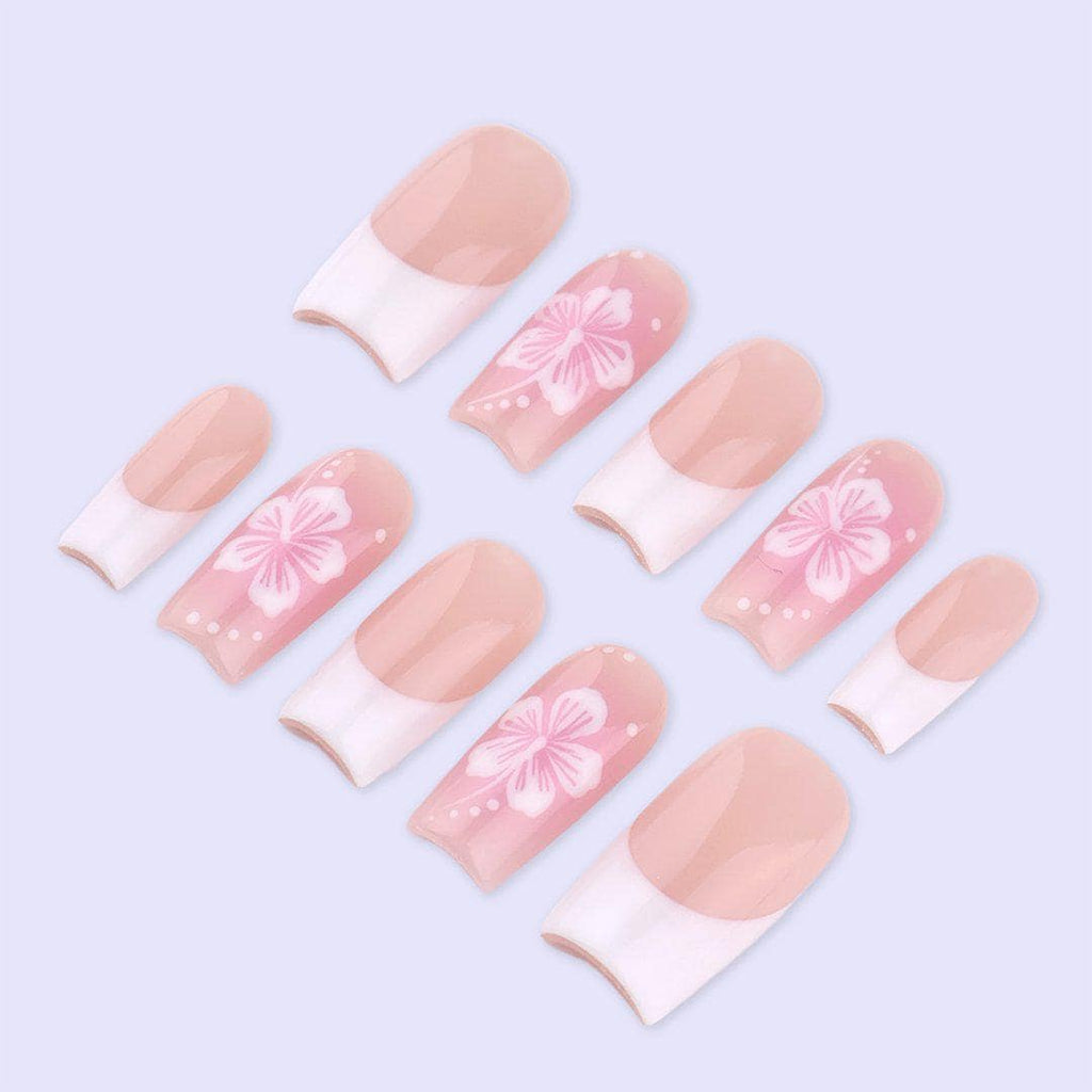 Spring Blush Floral French Press On Nails | Soft Pink Fake Nails in Medium Square | Handmade Nail Art for Everyday Wear or Gift
