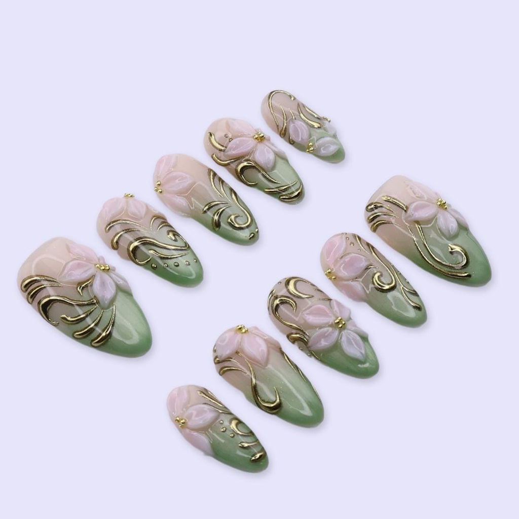 Spring Sage Bloom Press On Nails | 3D Pink Floral & Gold Swirl Design in Medium Almond | Elegant Handmade Nail Art Set