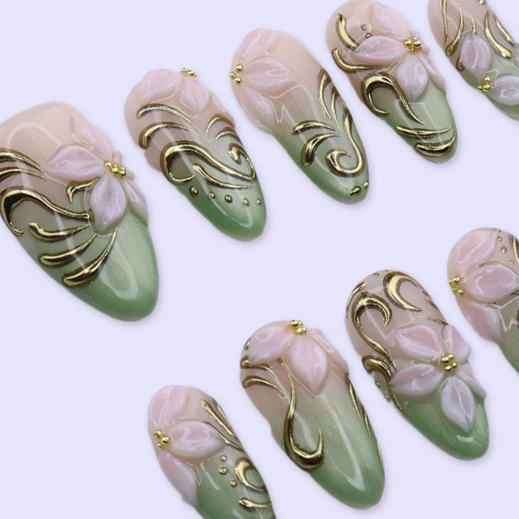 Spring Sage Bloom Press On Nails | 3D Pink Floral & Gold Swirl Design in Medium Almond | Elegant Handmade Nail Art Set