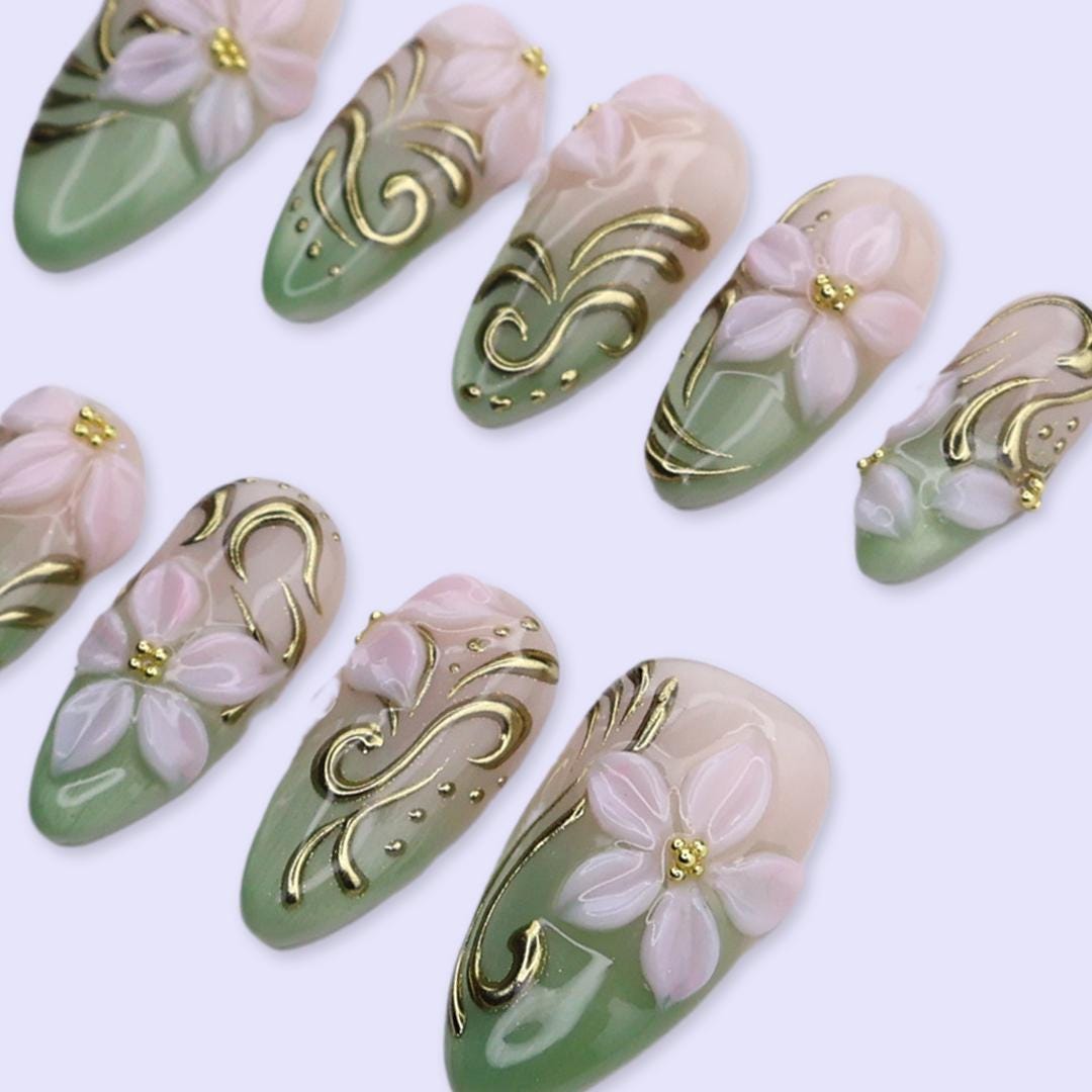 Spring Sage Bloom Press On Nails | 3D Pink Floral & Gold Swirl Design in Medium Almond | Elegant Handmade Nail Art Set