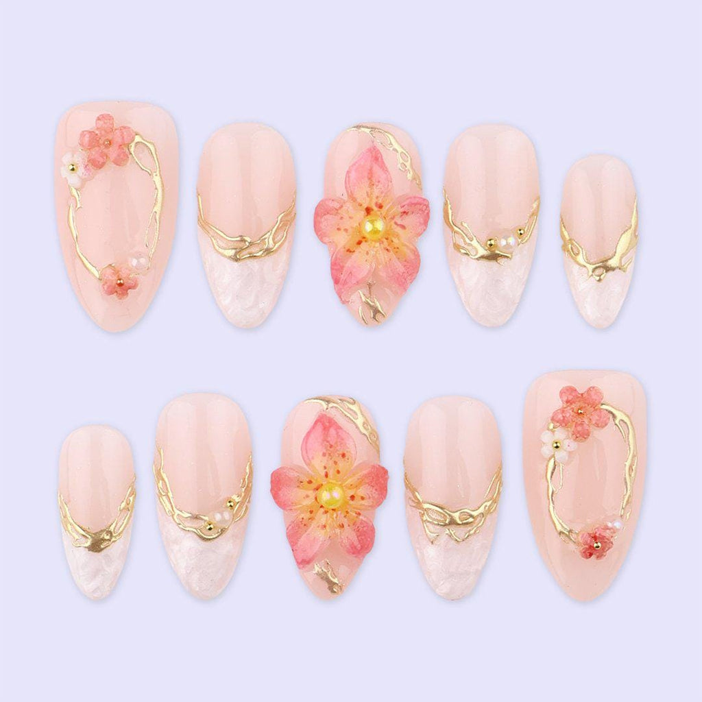 Petal Glow Press On Nails with 3D Blossom & Gold Frame | Pearl Fake Nail in Medium Almond | Handmade Spring Nail Art for Date, Bridal, Gift
