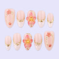 Petal Glow Press On Nails with 3D Blossom & Gold Frame | Pearl Fake Nail in Medium Almond | Handmade Spring Nail Art for Date, Bridal, Gift