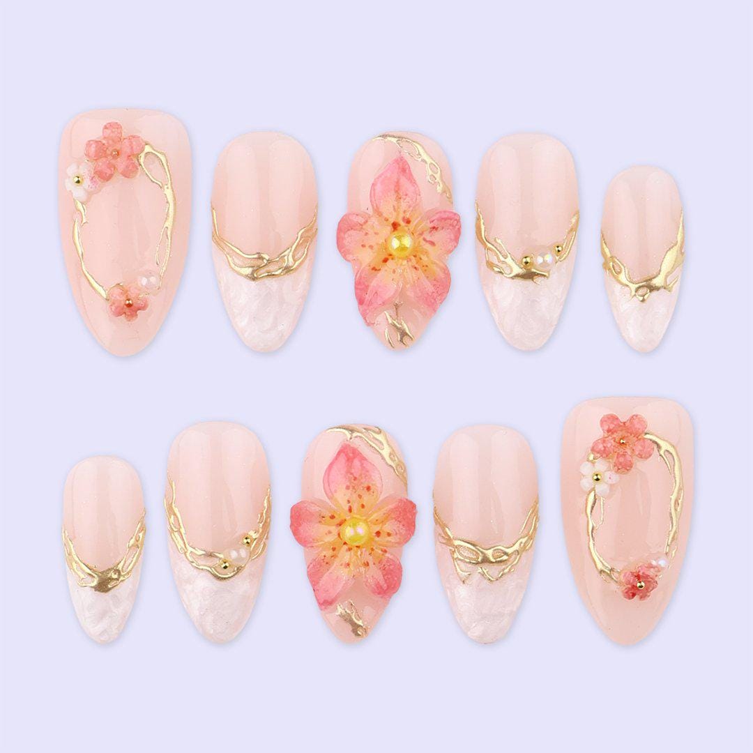 Petal Glow Press On Nails with 3D Blossom & Gold Frame | Pearl Fake Nail in Medium Almond | Handmade Spring Nail Art for Date, Bridal, Gift