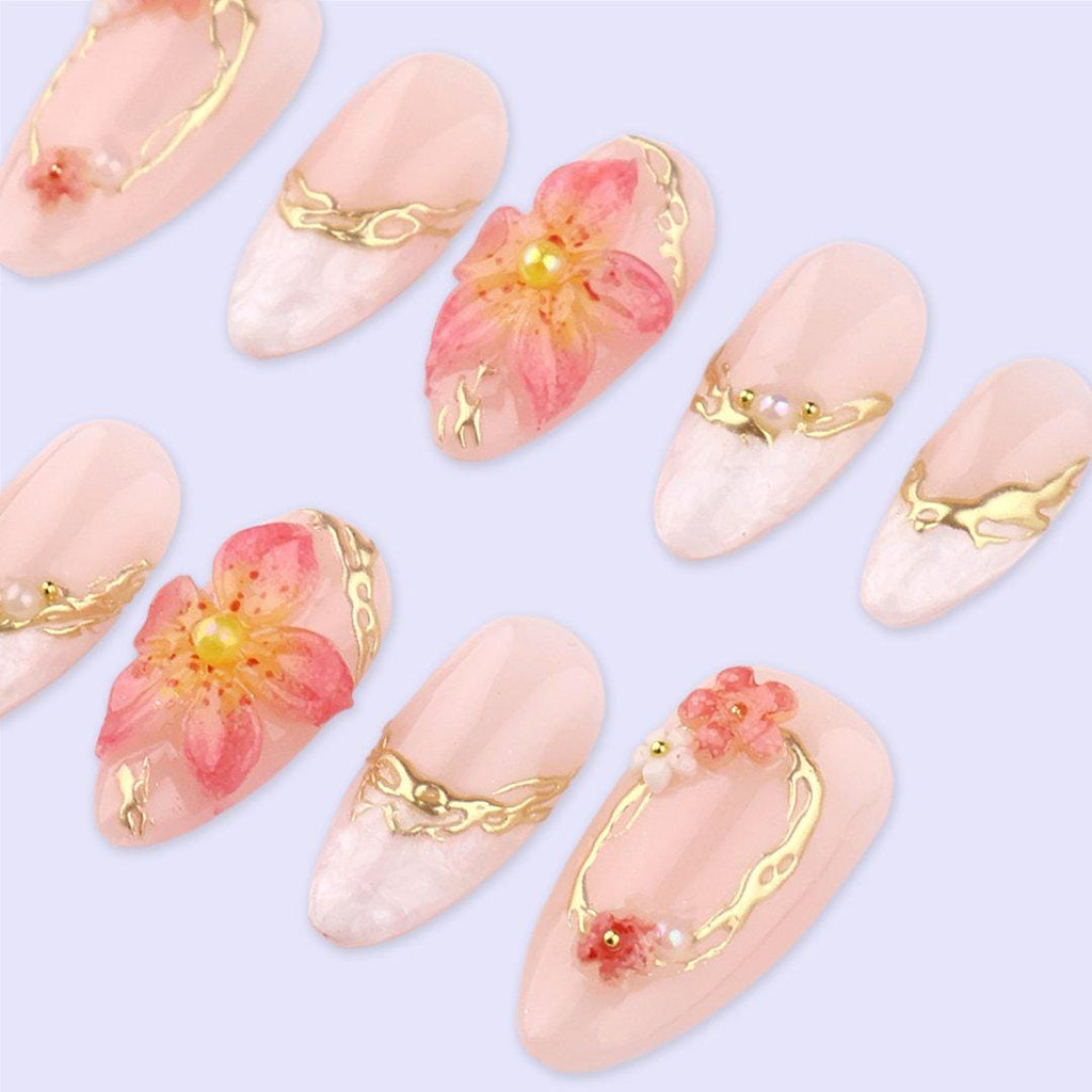 Petal Glow Press On Nails with 3D Blossom & Gold Frame | Pearl Fake Nail in Medium Almond | Handmade Spring Nail Art for Date, Bridal, Gift