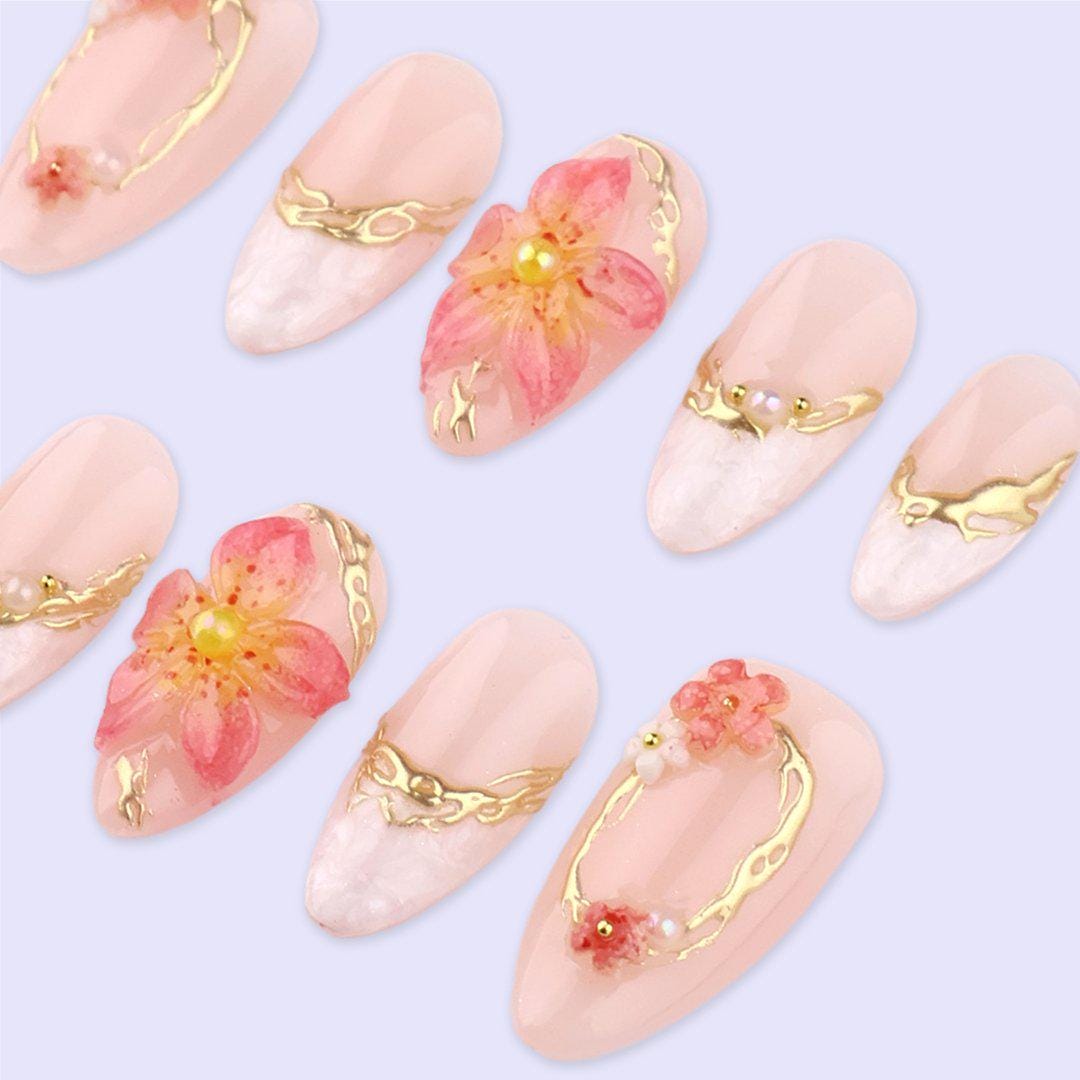 Petal Glow Press On Nails with 3D Blossom & Gold Frame | Pearl Fake Nail in Medium Almond | Handmade Spring Nail Art for Date, Bridal, Gift
