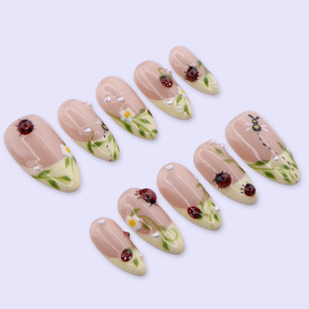 Spring Ladybug Garden Press On Nails | Daisy & Green French Tip in Medium Almond | Handmade Floral Fake Nail Set