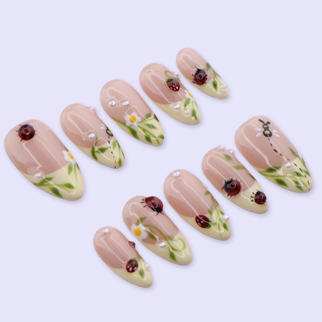 Spring Ladybug Garden Press On Nails | Daisy & Green French Tip in Medium Almond | Handmade Floral Fake Nail Set