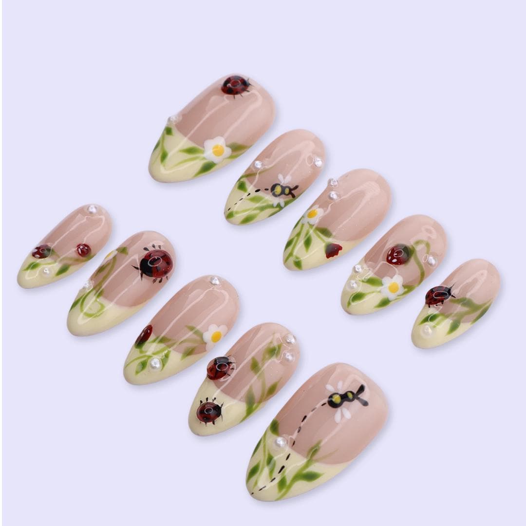 Spring Ladybug Garden Press On Nails | Daisy & Green French Tip in Medium Almond | Handmade Floral Fake Nail Set