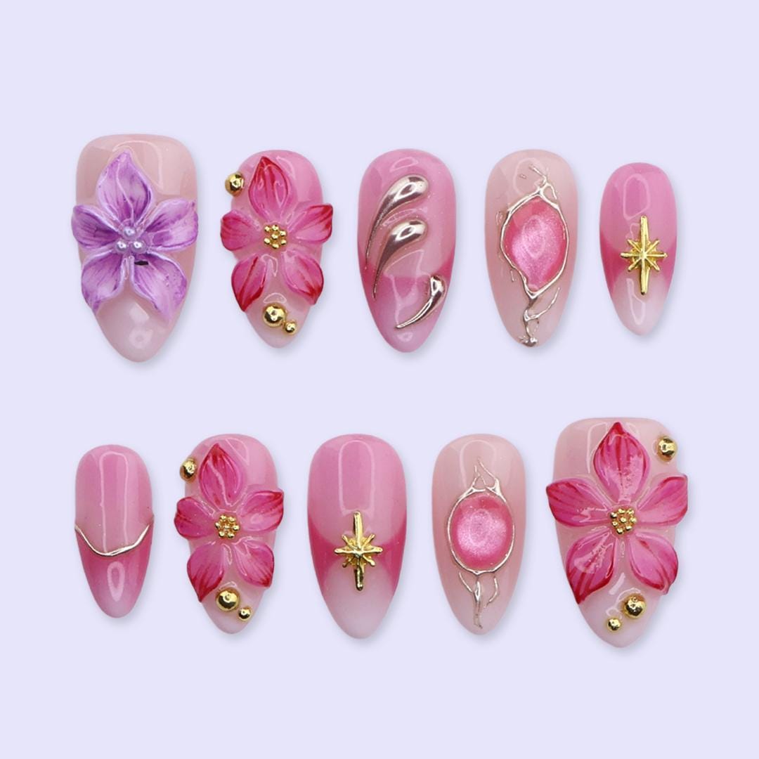 Pink Blossom Cat Eye Press On Nails | 3D Floral & Gold Star in Medium Almond | Handmade Elegant Fake Nail Set