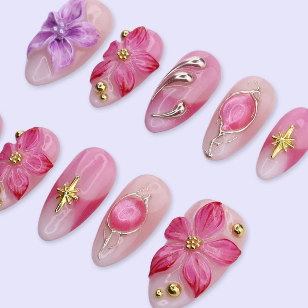 Pink Blossom Cat Eye Press On Nails | 3D Floral & Gold Star in Medium Almond | Handmade Elegant Fake Nail Set