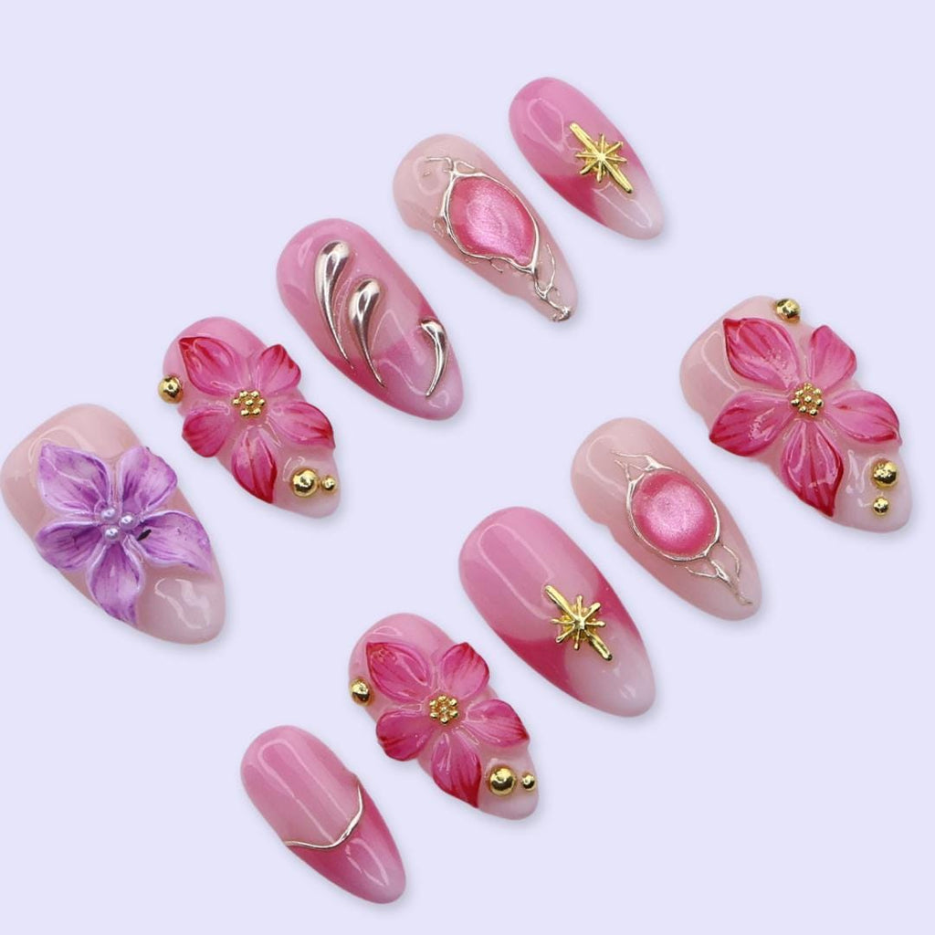 Pink Blossom Cat Eye Press On Nails | 3D Floral & Gold Star in Medium Almond | Handmade Elegant Fake Nail Set