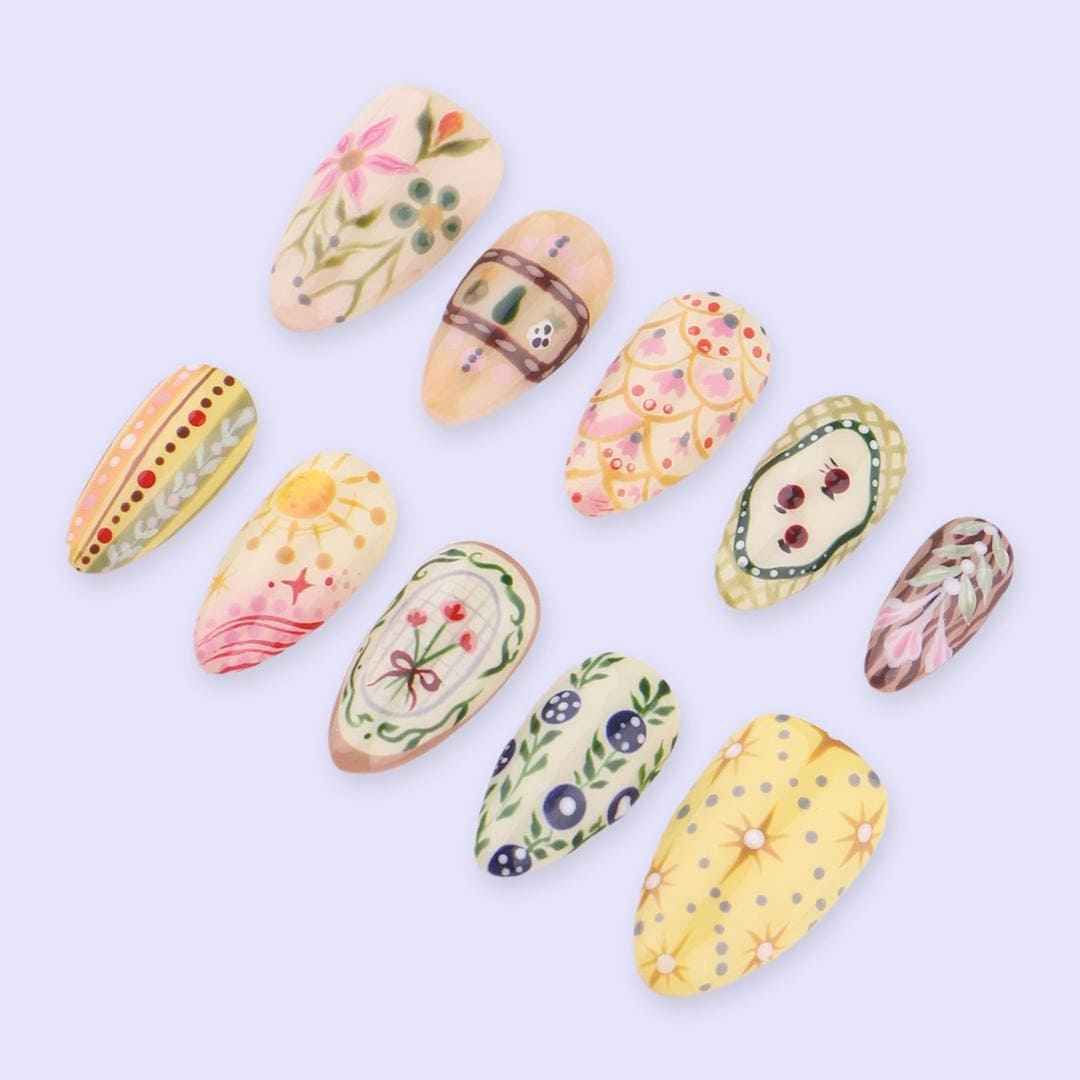 Spring Folk Garden Press On Nails | Hand-Painted Floral & Pattern Fake Nails in Medium Almond | Handmade Nail Art for Everyday Wear