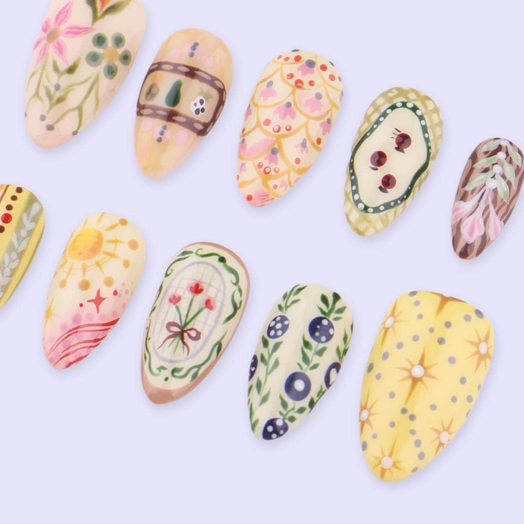 Spring Folk Garden Press On Nails | Hand-Painted Floral & Pattern Fake Nails in Medium Almond | Handmade Nail Art for Everyday Wear