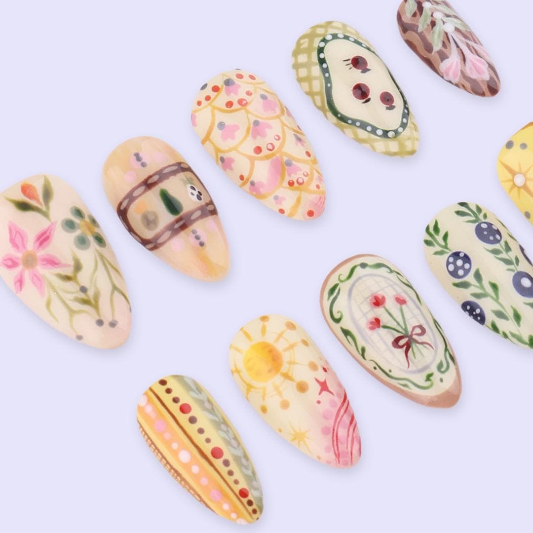 Spring Folk Garden Press On Nails | Hand-Painted Floral & Pattern Fake Nails in Medium Almond | Handmade Nail Art for Everyday Wear