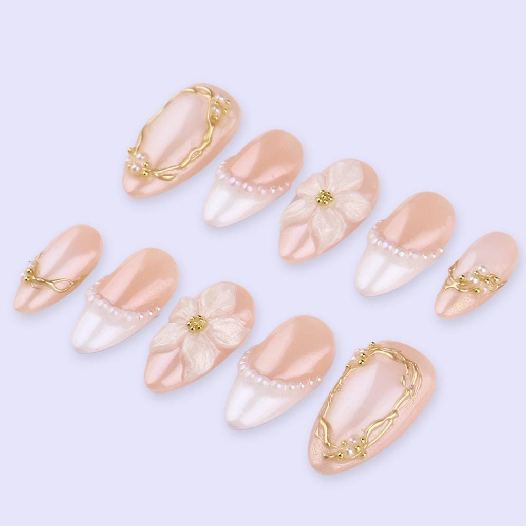 Spring Pearl Bloom Press On Nails | 3D Floral & Gold Frame Fake Nails in Medium Almond | Handmade Nail Art for Bride or Gift