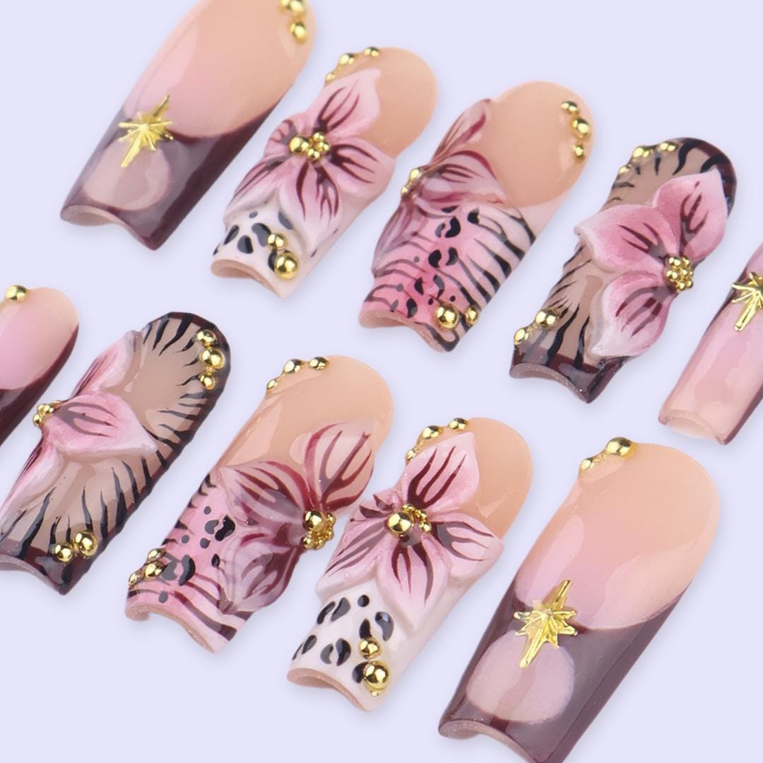 Spring Mocha Floral Press On Nails | 3D Flower & Gold Cross Fake Nails in Long Square | Handmade Nail Art for Everyday Elegance