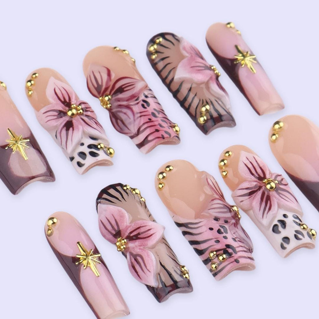 Spring Mocha Floral Press On Nails | 3D Flower & Gold Cross Fake Nails in Long Square | Handmade Nail Art for Everyday Elegance