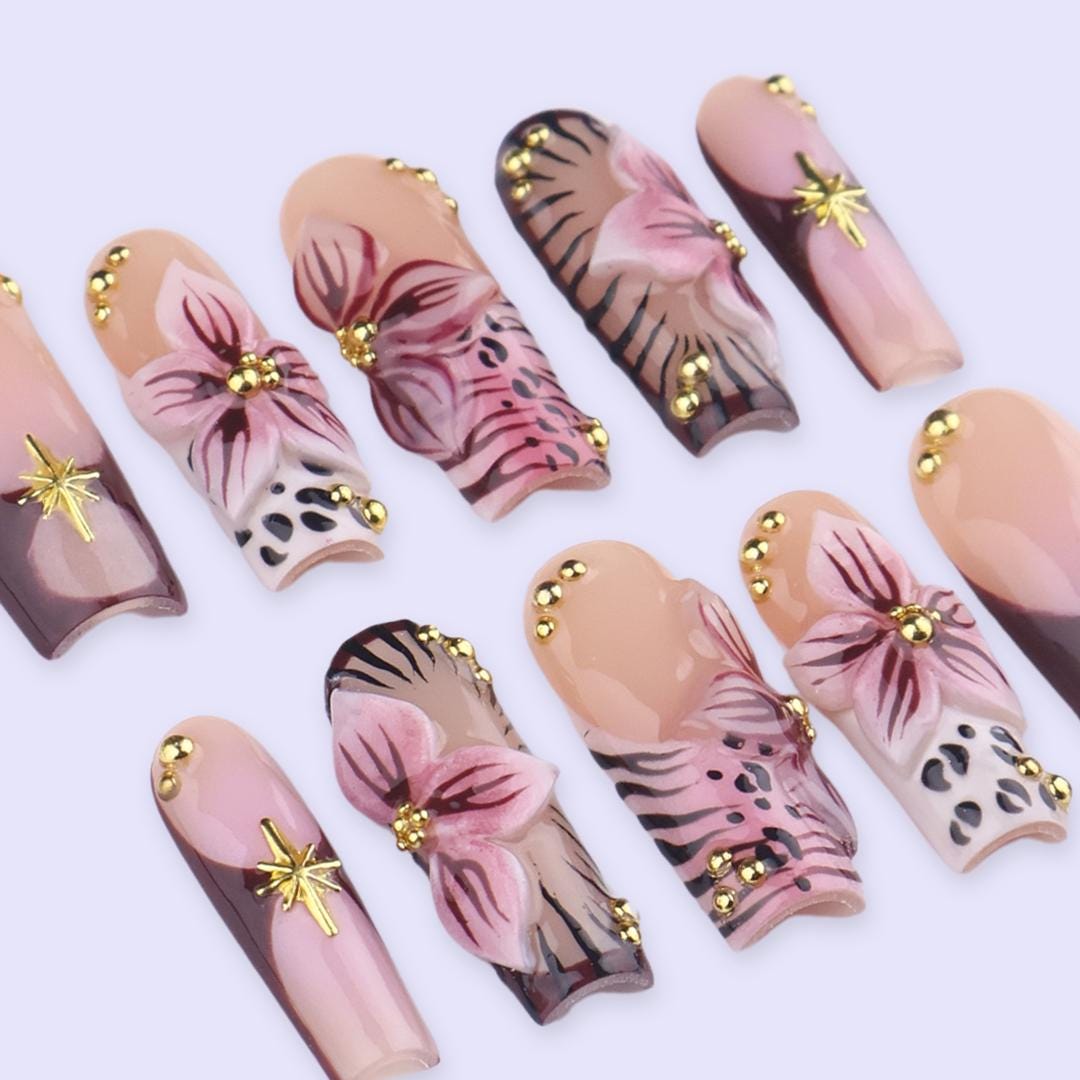 Spring Mocha Floral Press On Nails | 3D Flower & Gold Cross Fake Nails in Long Square | Handmade Nail Art for Everyday Elegance
