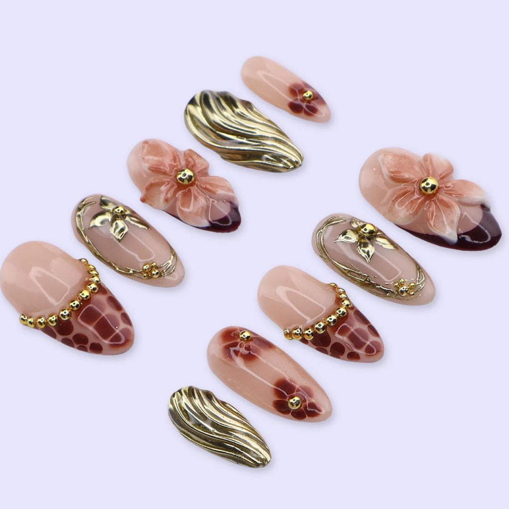 Spring Mocha Bloom Press On Nails | Gold Sculpted Floral & Leopard Accent | Medium Almond Handmade Nails Art