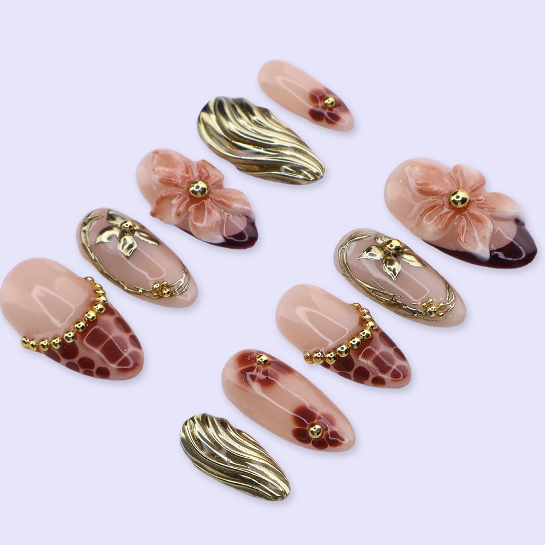 Spring Mocha Bloom Press On Nails | Gold Sculpted Floral & Leopard Accent | Medium Almond Handmade Nails Art