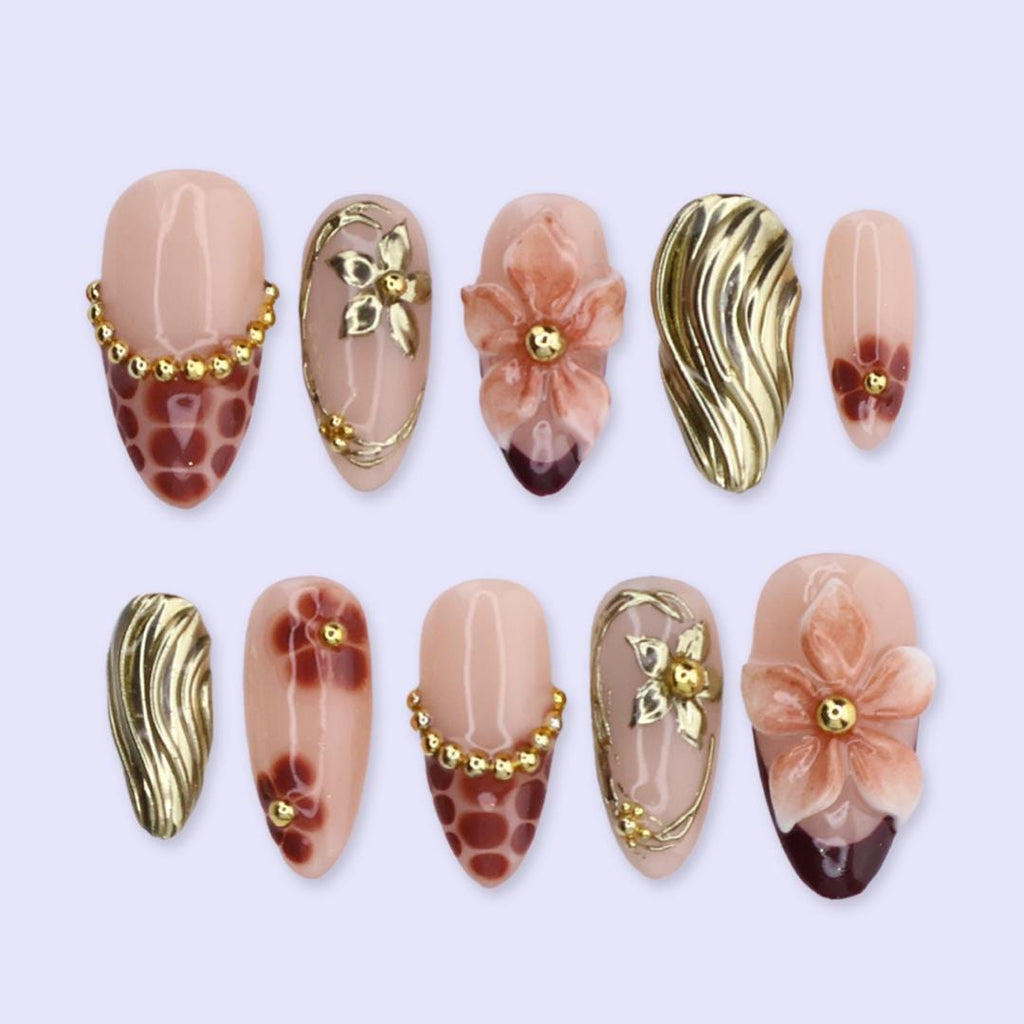 Spring Mocha Bloom Press On Nails | Gold Sculpted Floral & Leopard Accent | Medium Almond Handmade Nails Art