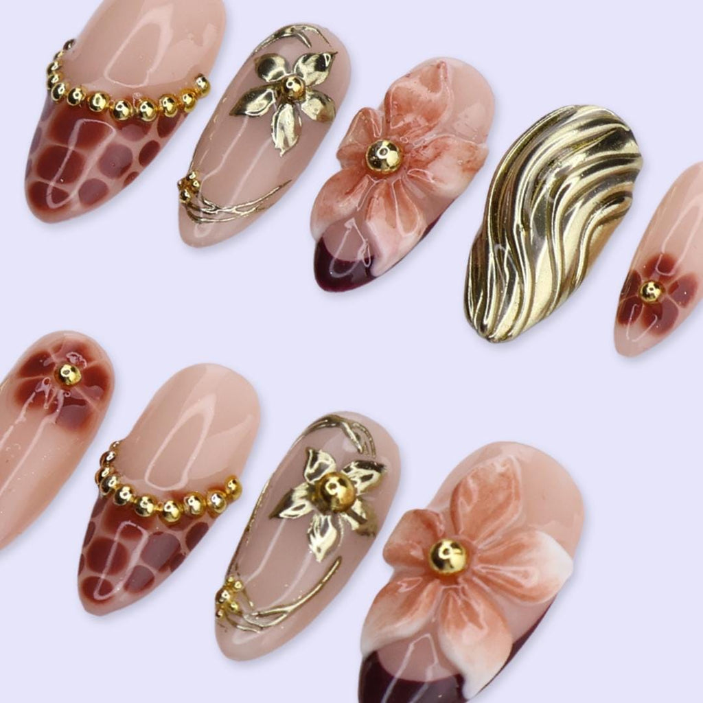 Spring Mocha Bloom Press On Nails | Gold Sculpted Floral & Leopard Accent | Medium Almond Handmade Nails Art