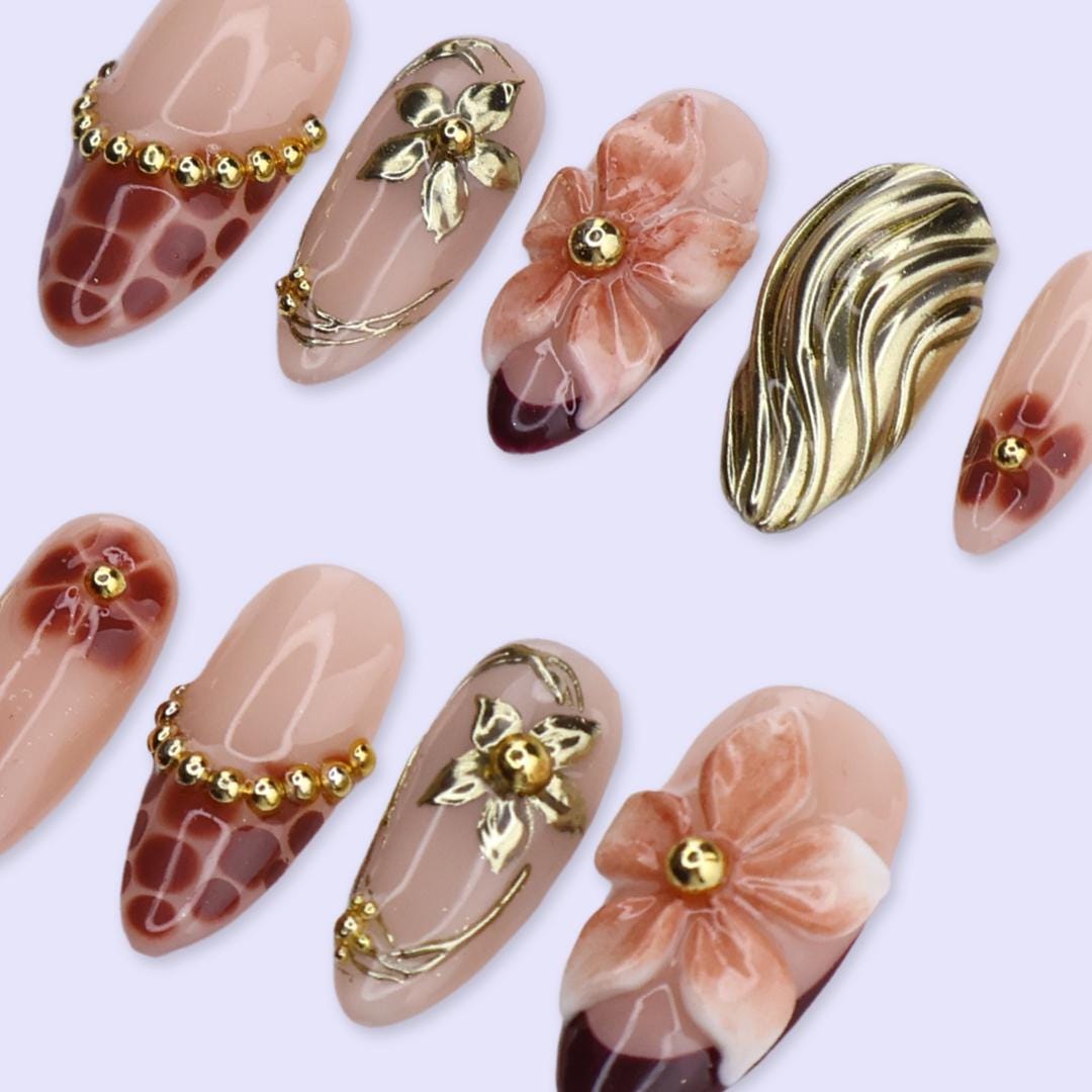 Spring Mocha Bloom Press On Nails | Gold Sculpted Floral & Leopard Accent | Medium Almond Handmade Nails Art