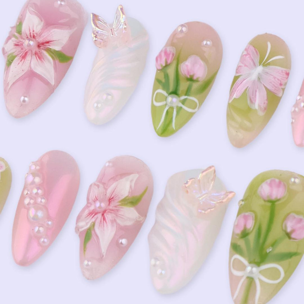 Spring Petal Garden Press On Nails | Hand-Painted Floral & Butterfly Fake Nails in Medium Almond | Handmade Nail Art for Soft Romance