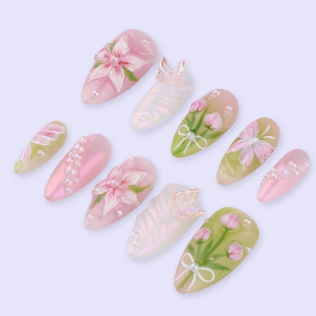Spring Petal Garden Press On Nails | Hand-Painted Floral & Butterfly Fake Nails in Medium Almond | Handmade Nail Art for Soft Romance