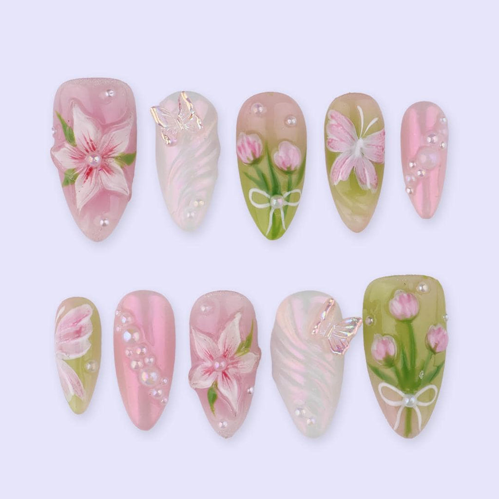 Spring Petal Garden Press On Nails | Hand-Painted Floral & Butterfly Fake Nails in Medium Almond | Handmade Nail Art for Soft Romance