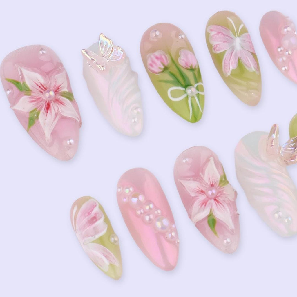 Spring Petal Garden Press On Nails | Hand-Painted Floral & Butterfly Fake Nails in Medium Almond | Handmade Nail Art for Soft Romance
