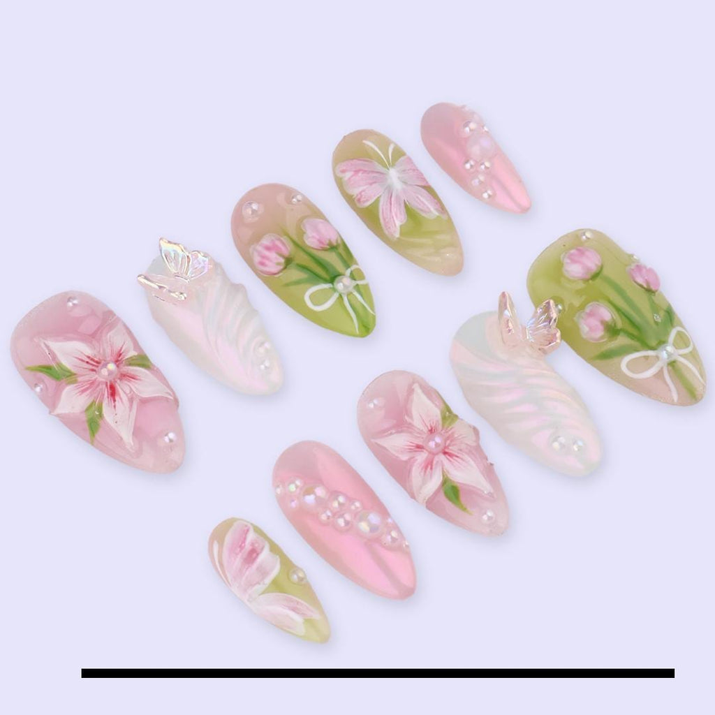 Spring Petal Garden Press On Nails | Hand-Painted Floral & Butterfly Fake Nails in Medium Almond | Handmade Nail Art for Soft Romance