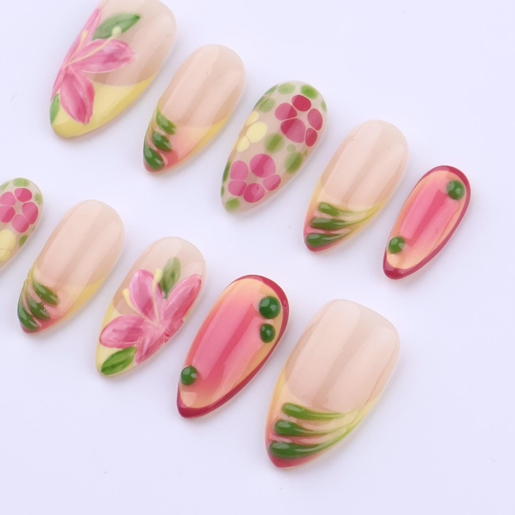 Spring Garden Glow Press On Nails | Pink Floral & Citrus Ombre | Medium Almond Handmade Nail Set