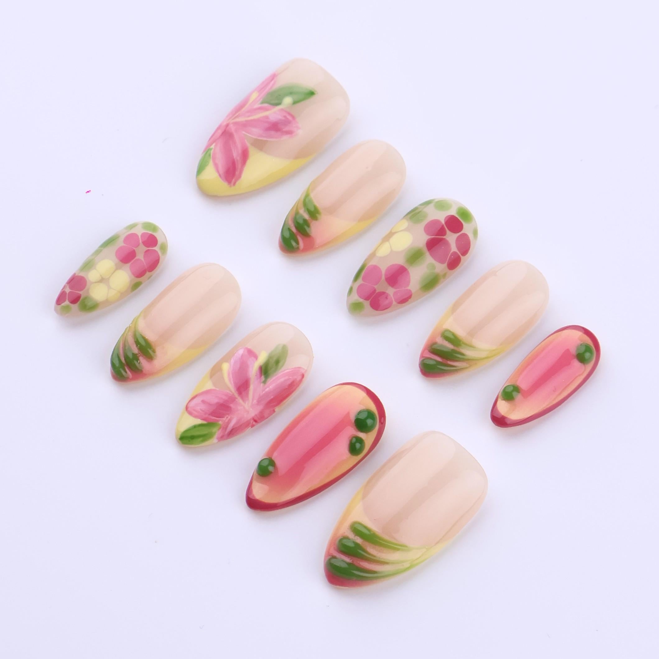 Spring Garden Glow Press On Nails | Pink Floral & Citrus Ombre | Medium Almond Handmade Nail Set