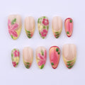 Spring Garden Glow Press On Nails | Pink Floral & Citrus Ombre | Medium Almond Handmade Nail Set