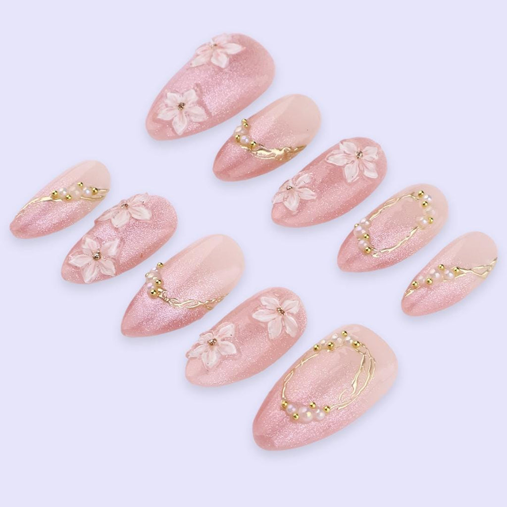 Spring Press On Nails | Pink Cat Eye with Floral & Gold Accent Fake Nails in Medium Almond | Handmade Nail Art for Elegant Looks