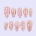 Spring Press On Nails | Pink Cat Eye with Floral & Gold Accent Fake Nails in Medium Almond | Handmade Nail Art for Elegant Looks