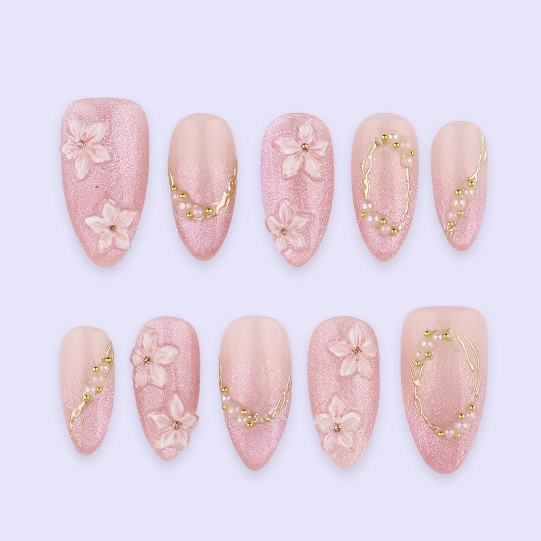 Spring Press On Nails | Pink Cat Eye with Floral & Gold Accent Fake Nails in Medium Almond | Handmade Nail Art for Elegant Looks