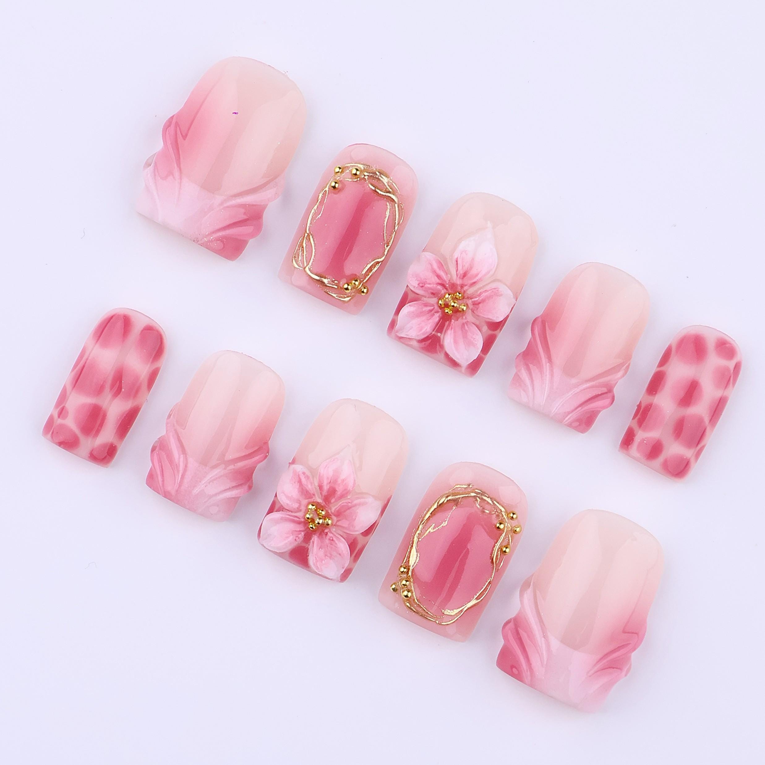Spring Press On Nails with Pink Floral & Gold Frame | 3D Fake Nails in Short Square | Handmade Nail Art for Everyday Wear Or Gift