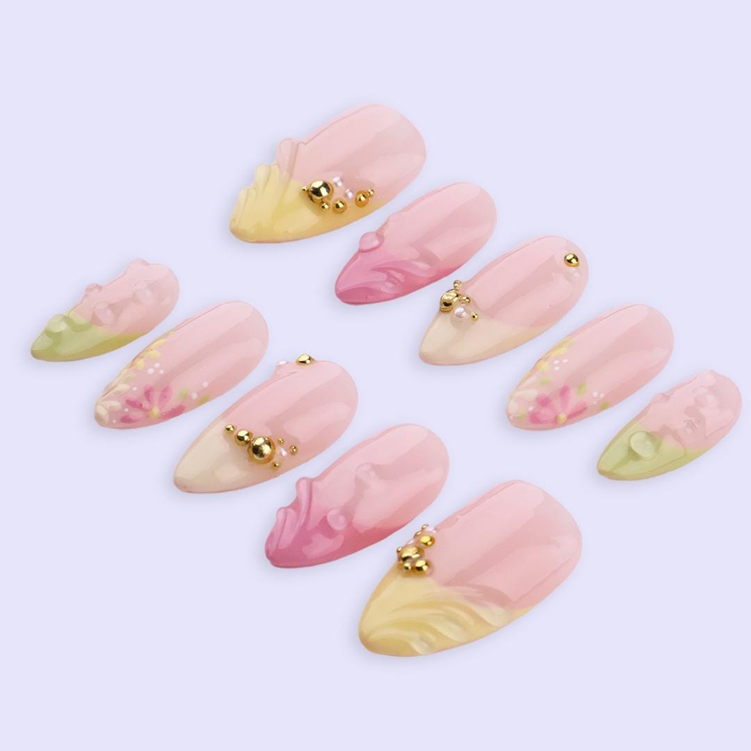 Spring Press On Nails with Gold Beads & Floral | Soft Pink Yellow Green Fake Nails in Almond | Handmade Nail Art for Brunch or Vacation