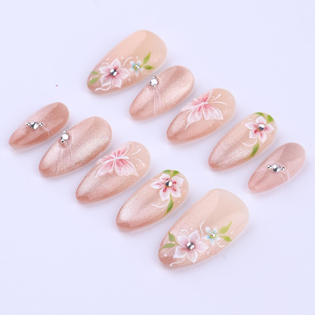 Blush Cat Eye Floral Press On Nails | Pink Butterfly & Crystal Accent in Medium Almond | Handmade Romantic Nail Set