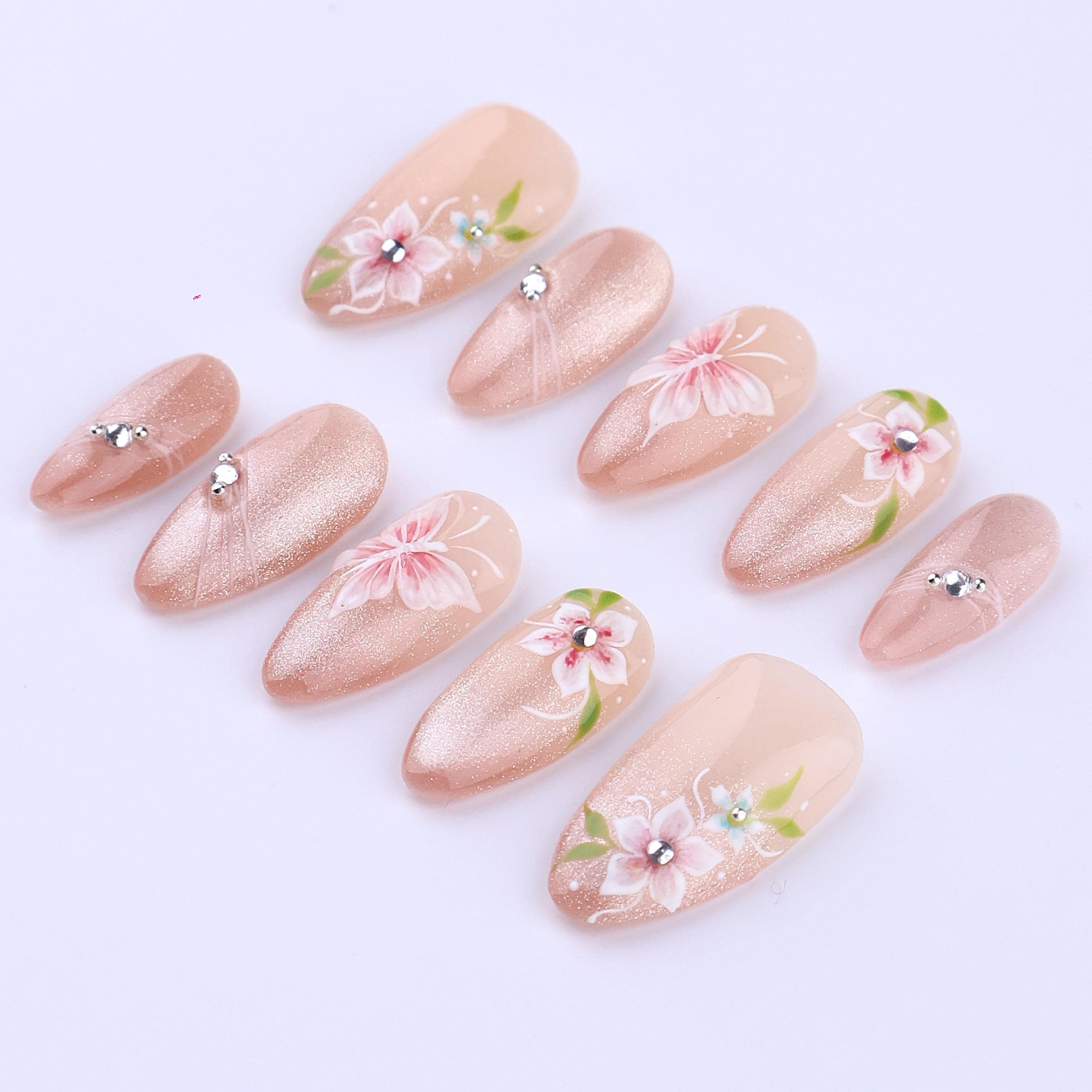 Blush Cat Eye Floral Press On Nails | Pink Butterfly & Crystal Accent in Medium Almond | Handmade Romantic Nail Set
