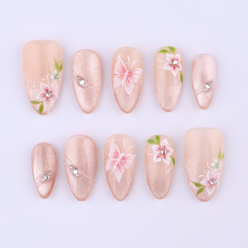 Blush Cat Eye Floral Press On Nails | Pink Butterfly & Crystal Accent in Medium Almond | Handmade Romantic Nail Set