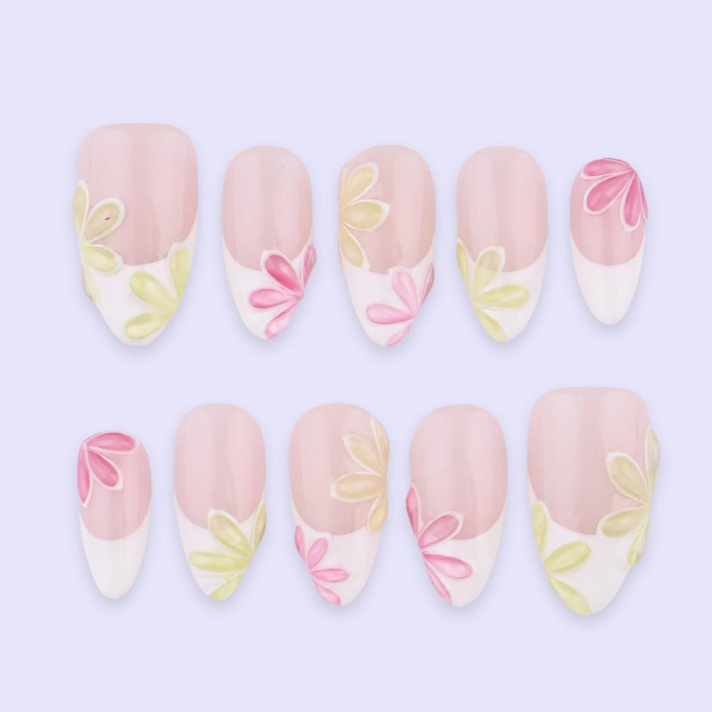 Spring Petal French Press On Nails | Pink & Soft Yellow Floral Fake Nails in Almond | Handmade Pastel Nail Art