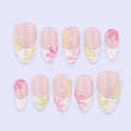 Spring Petal French Press On Nails | Pink & Soft Yellow Floral Fake Nails in Almond | Handmade Pastel Nail Art