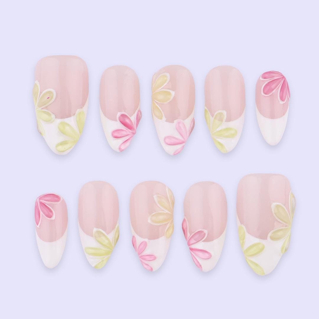 Spring Petal French Press On Nails | Pink & Soft Yellow Floral Fake Nails in Almond | Handmade Pastel Nail Art