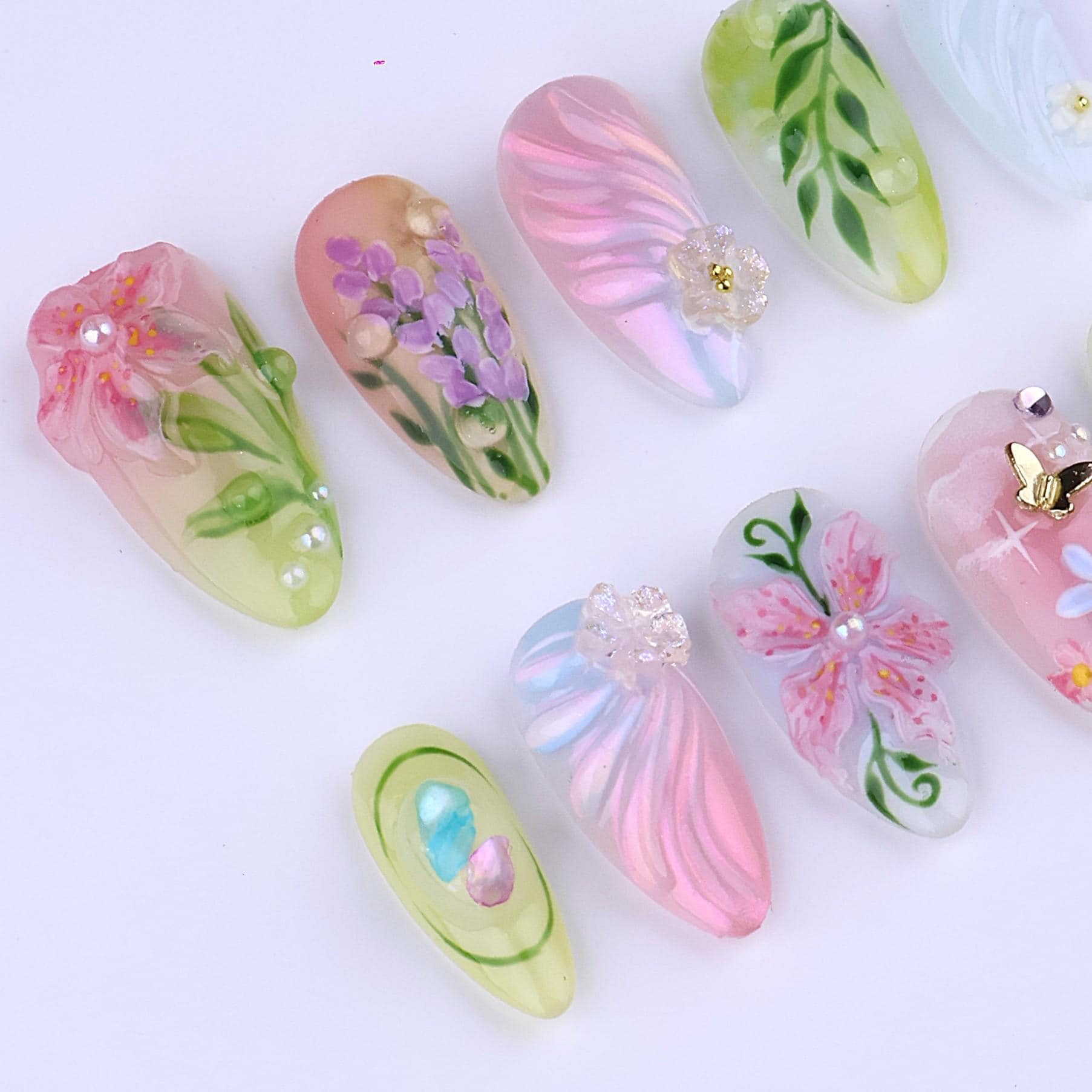Spring Pastel Garden Press On Nails | Hand Painted Floral & Butterfly in Medium Almond | 3D Romantic Nail Art Set